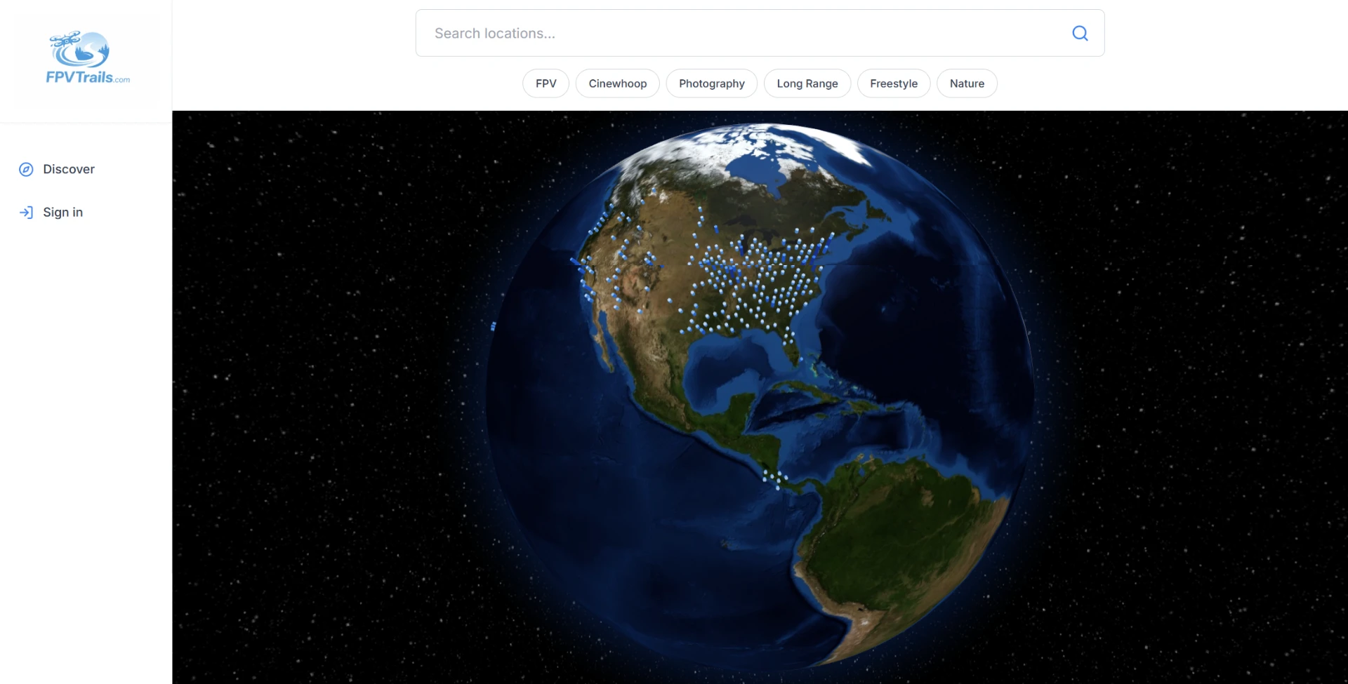 FPV Trails 3D globe with shared fly spots