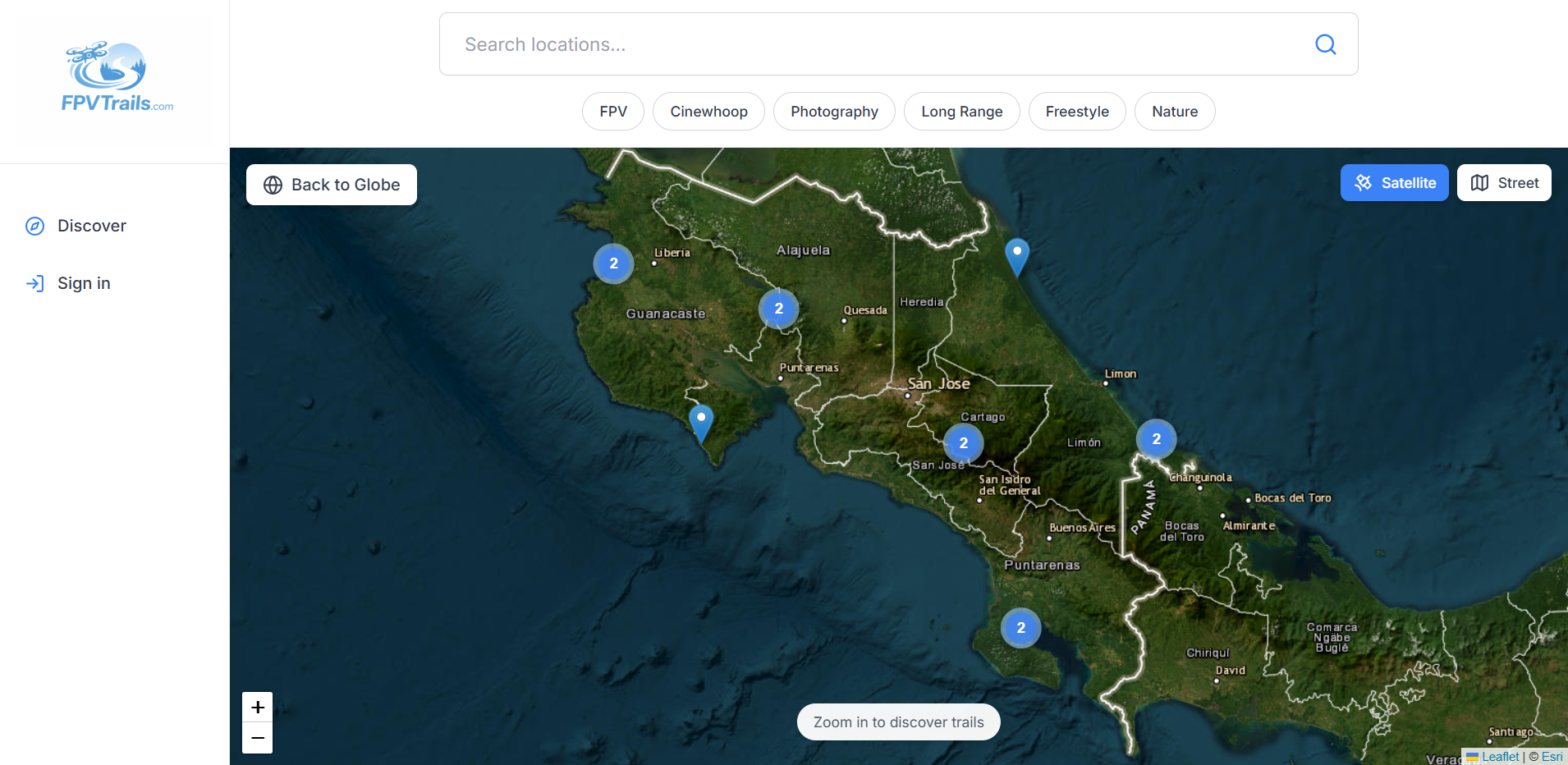 FPV Trails satellite map of Costa Rica with trail clusters